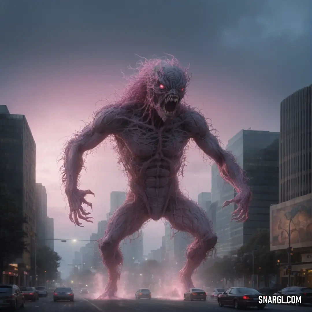 NCS S 5010-R30B color. Giant monster is walking across a city street at night with traffic lights and buildings in the background