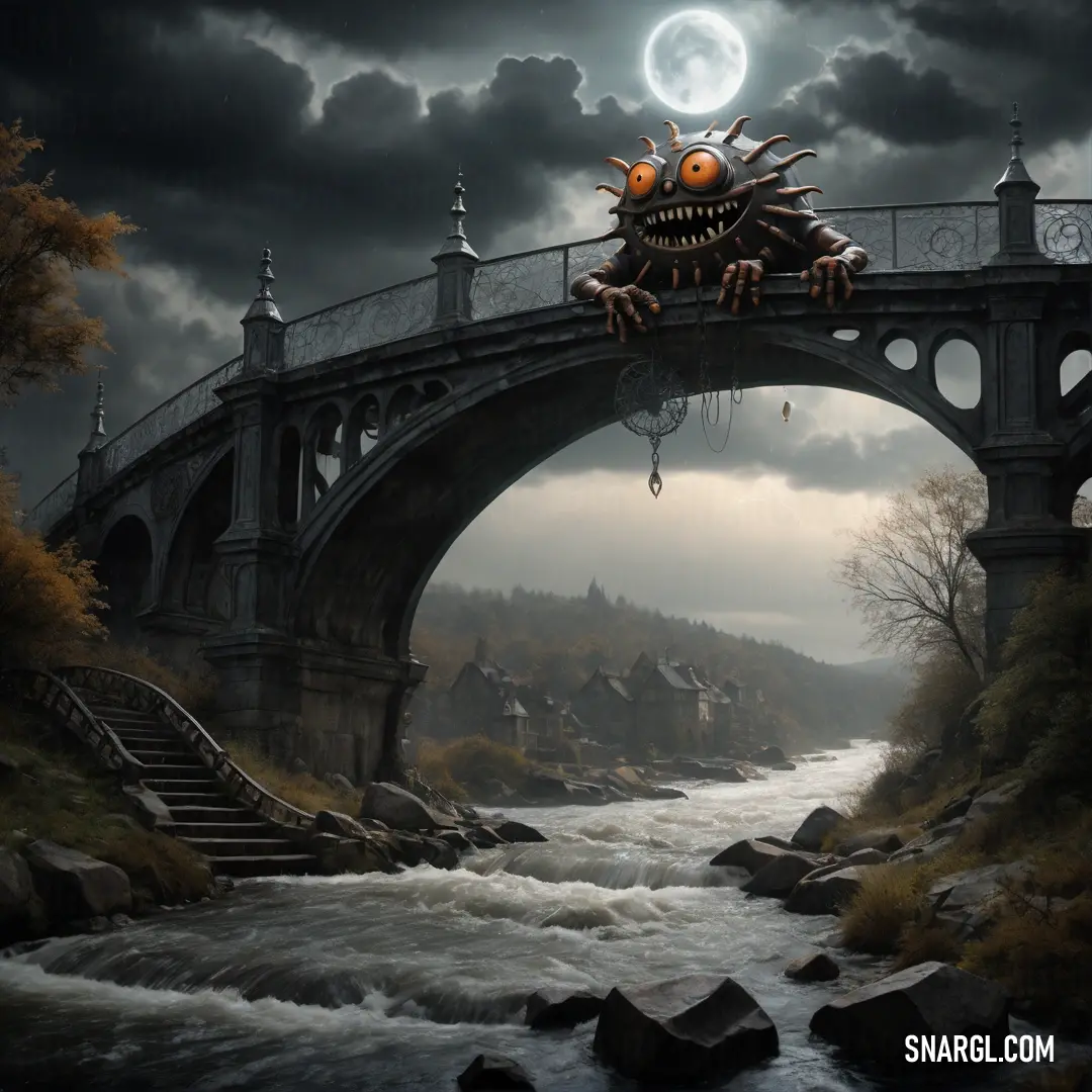 Bridge with a monster on it over a river with a clock tower in the background. Color RGB 100,107,117.