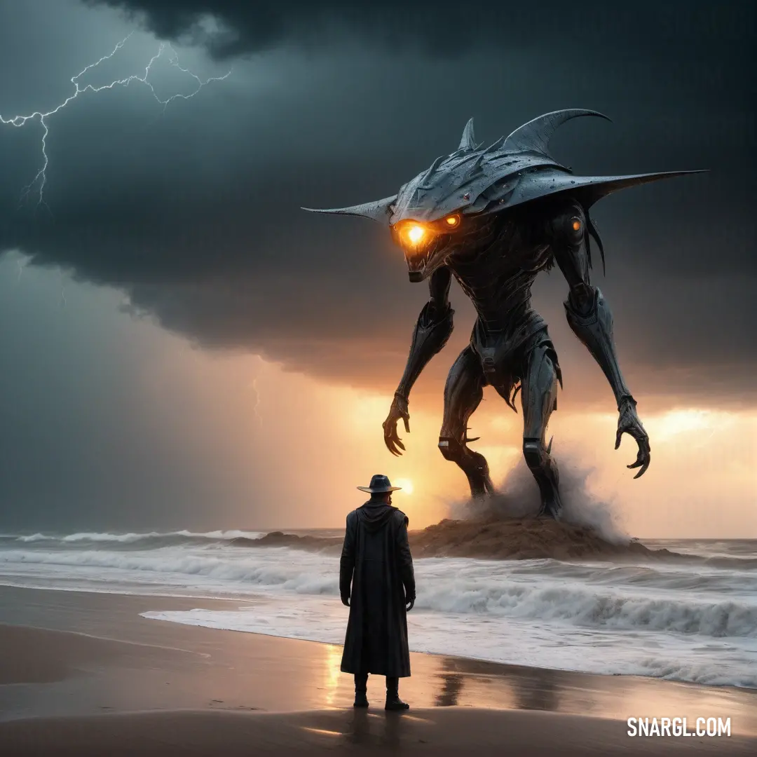 Man standing on a beach next to a giant monster with glowing eyes and a hat on his head. Example of CMYK 20,10,0,60 color.