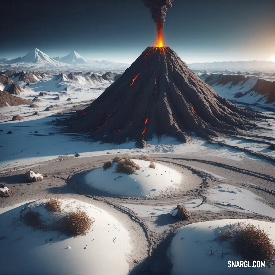 NCS S 5010-R70B color. Volcano with a lava spewing out of it's side in the middle of a snowy landscape