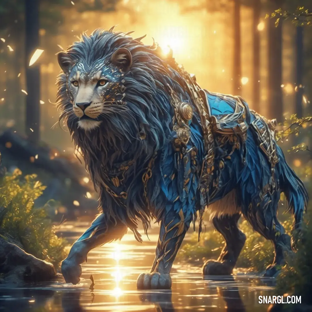 Lion with a blue mane and a blue body is walking through a forest at sunset with a bright light behind it. Example of #606D76 color.