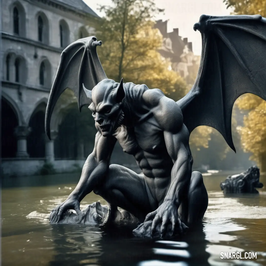 Statue of a demon in the water with a building in the background. Color NCS S 5010-R90B.