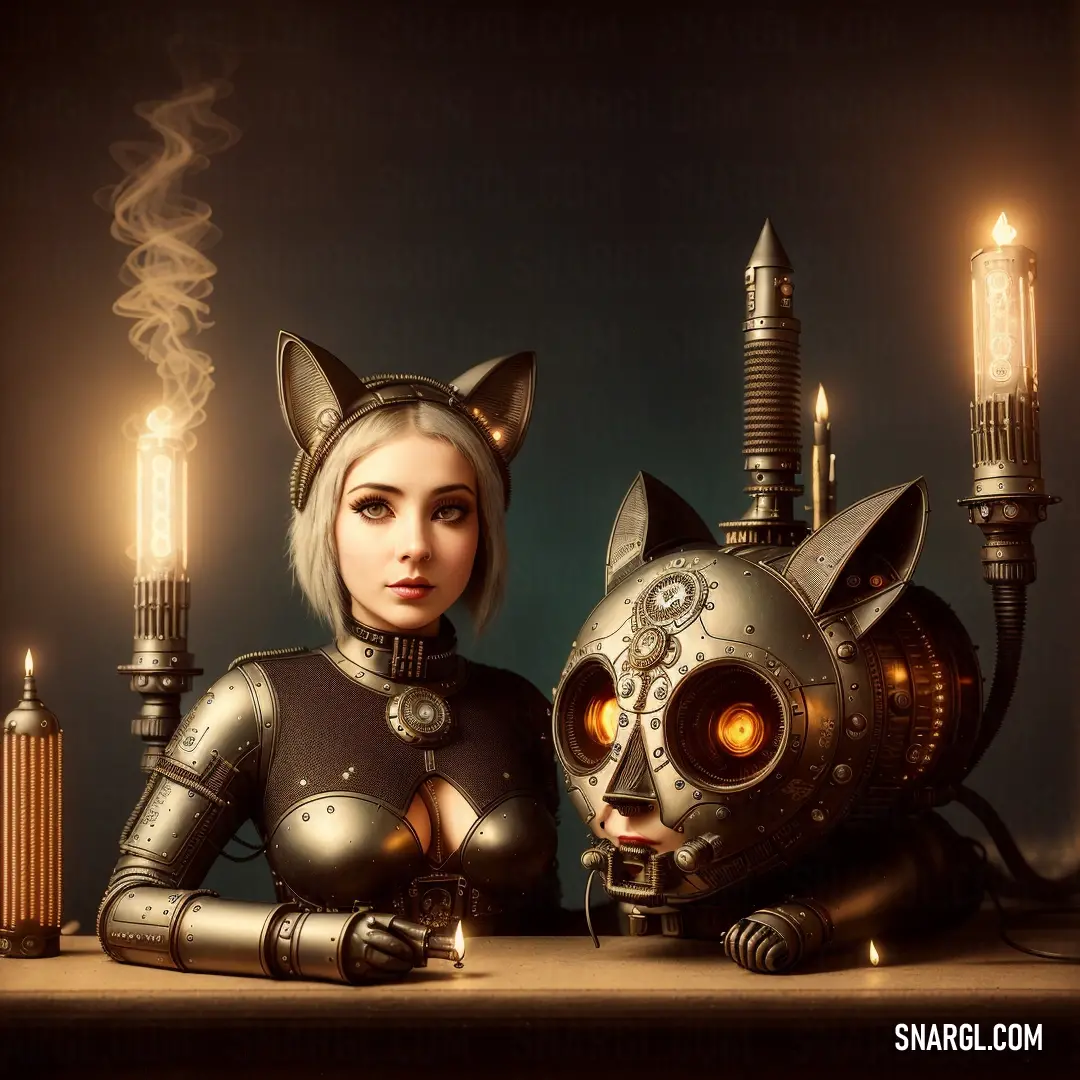Woman in a cat suit next to a robot cat and a cat dog with a light bulb on. Color NCS S 5010-Y30R.