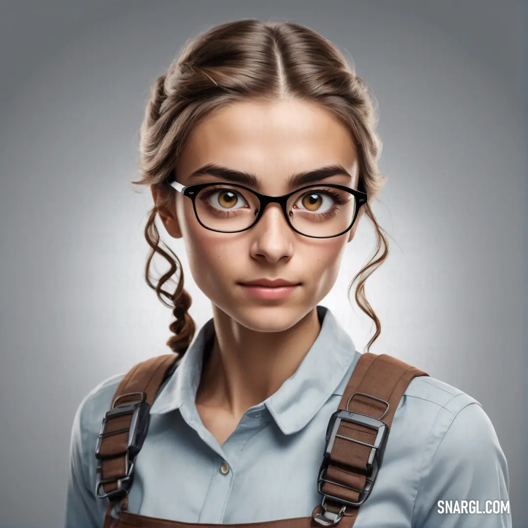 NCS S 5010-Y30R color example: Woman with glasses and a braid in her hair is looking at the camera with a serious look on her face