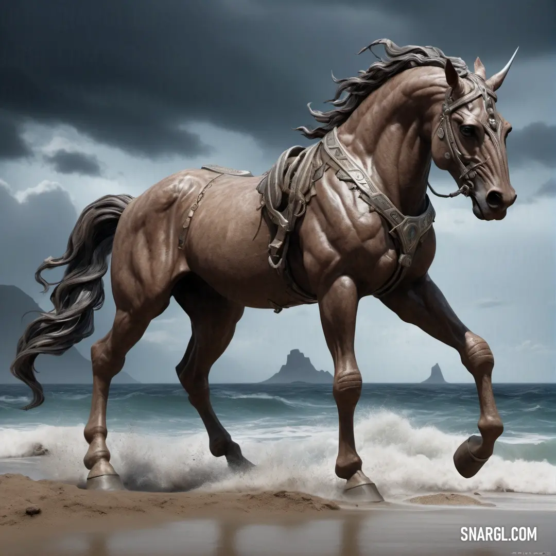 Horse running on the beach with a stormy sky in the background. Example of RGB 116,91,83 color.