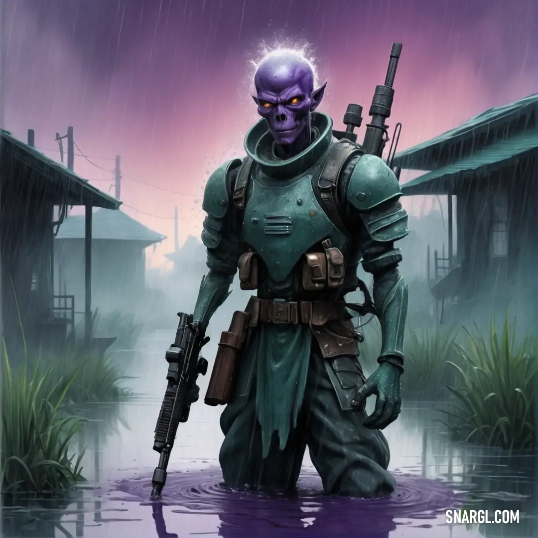 Man in a purple suit holding a gun in a swampy area with buildings. Example of #466774 color.