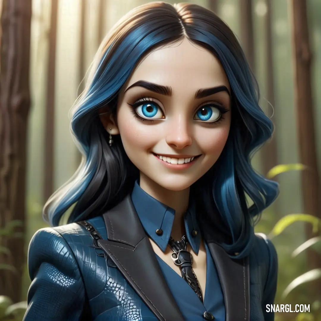 Cartoon character with blue hair and blue eyes in a forest with trees and grass. Color NCS S 5020-B.