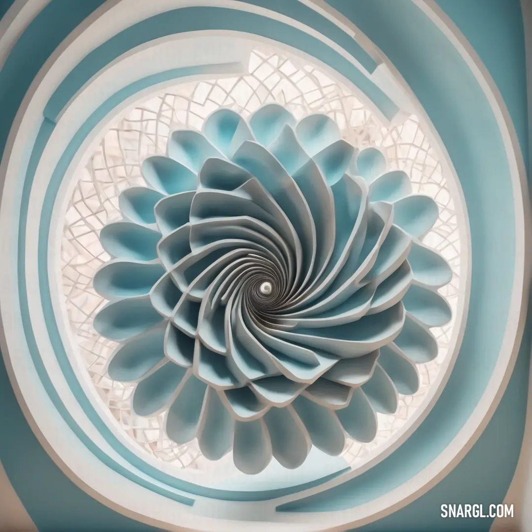 Spiral design in a circular window in a building with a sky blue ceiling and a circular window with a white. Example of #466774 color.
