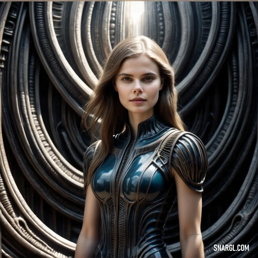 Woman in a futuristic suit standing in front of a wall of tires with a light shining on her. Color #466774.