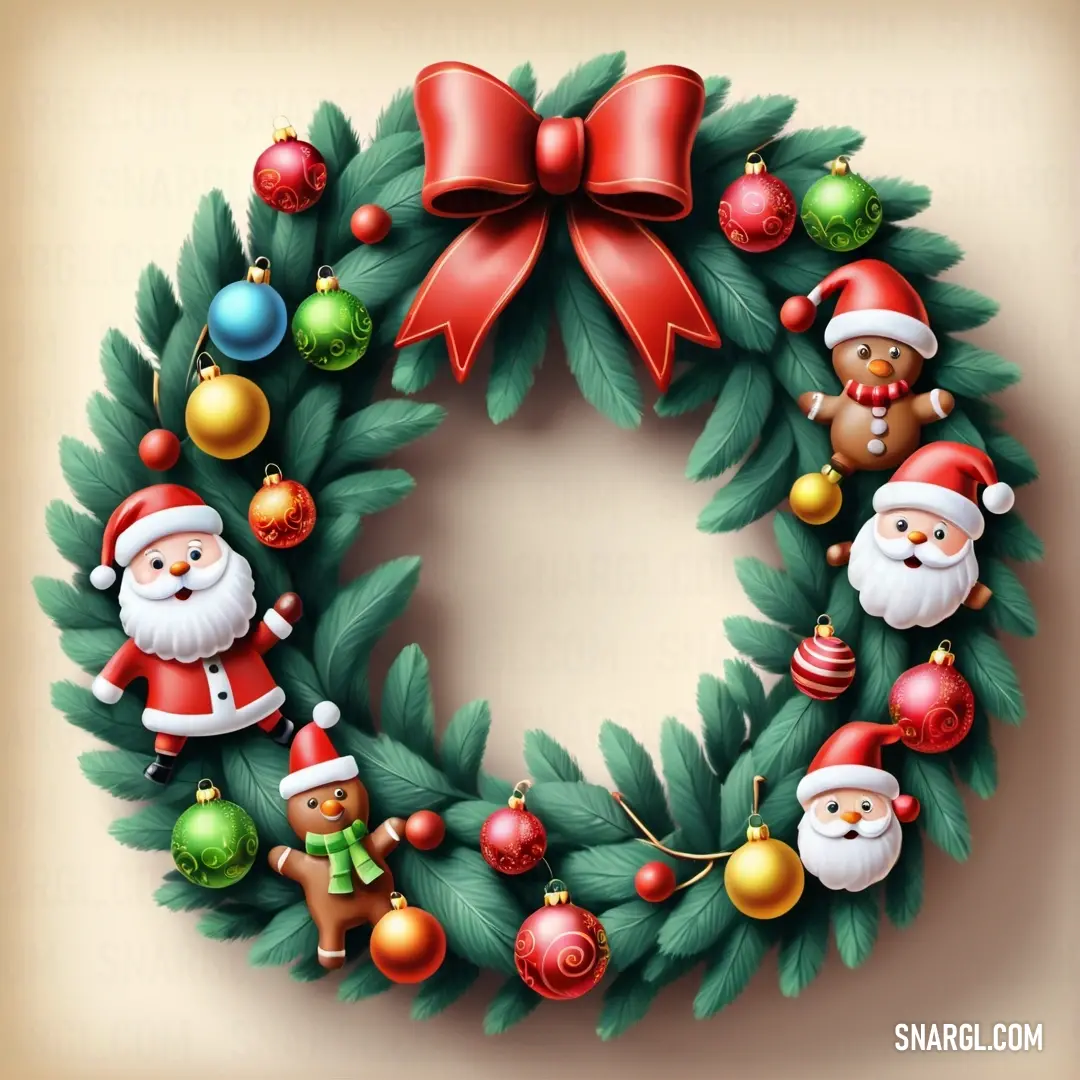 Christmas wreath with santa claus and other ornaments on it with a red bow on top of it. Example of NCS S 5020-B50G color.