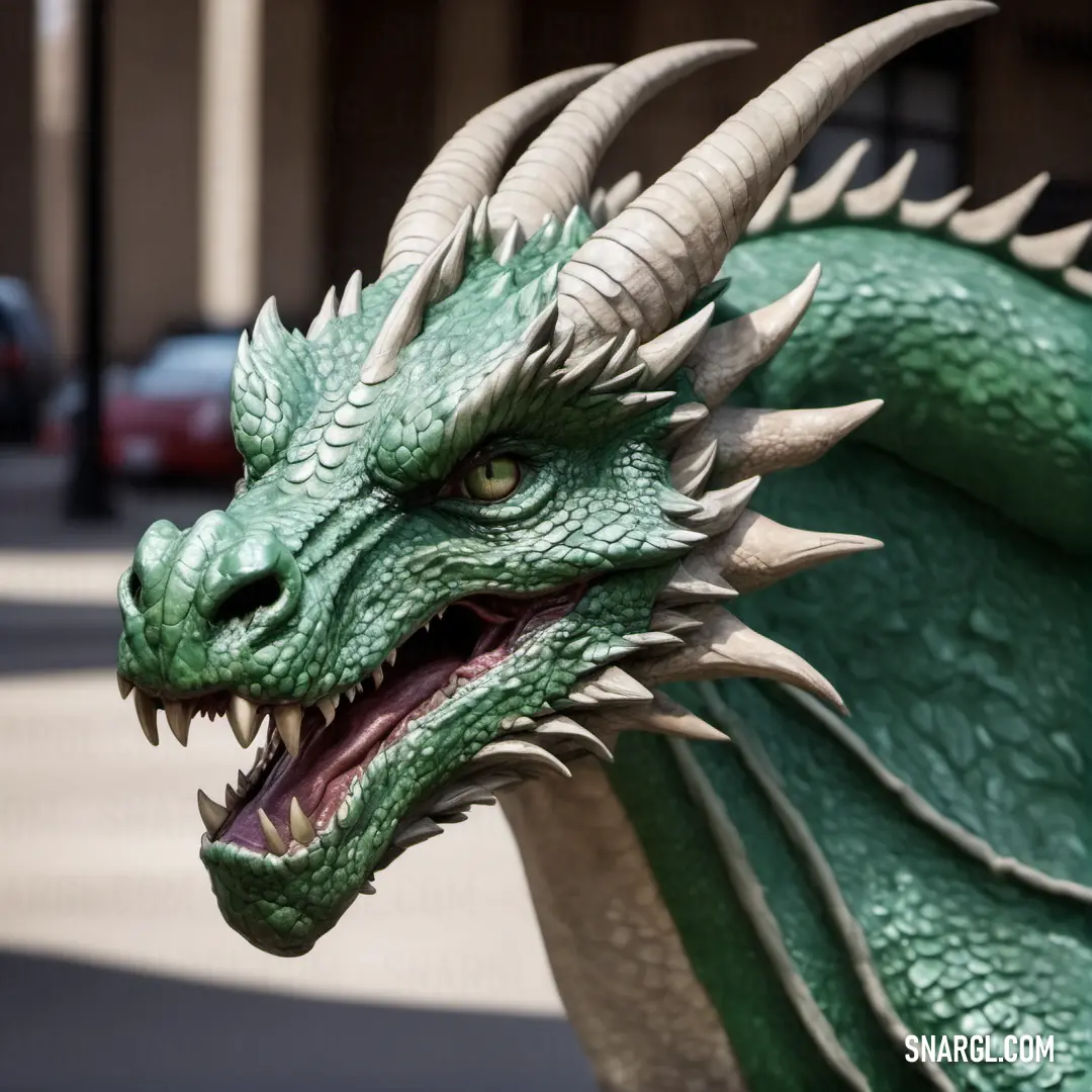Green dragon statue with large horns and sharp teeth on a city street corner with cars parked in the background