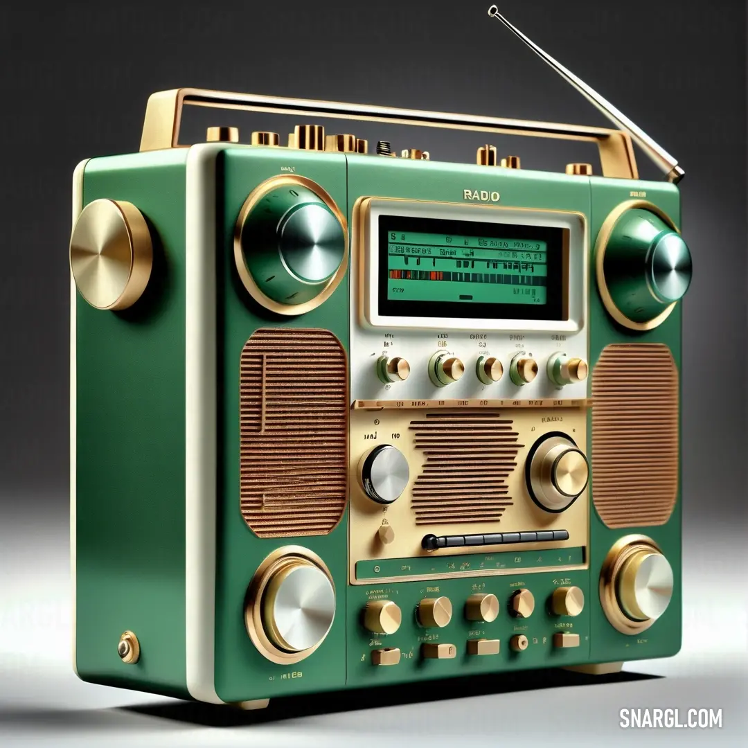 Green radio with a gold trim and a radio antenna on top of it, with a black background. Color #386C5E.