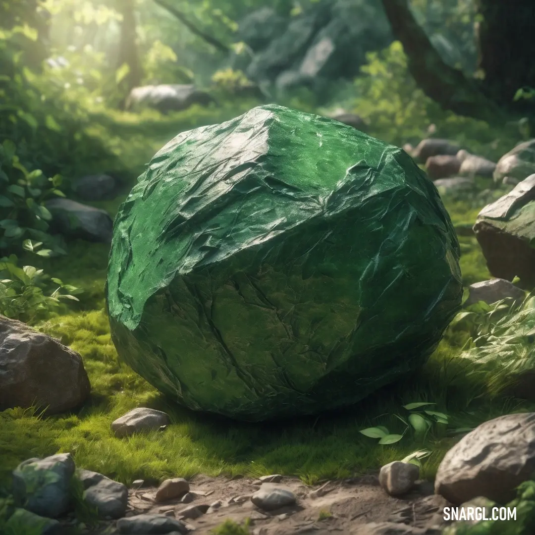 Large rock on top of a lush green field of grass and rocks in the woods with sunlight shining through the trees