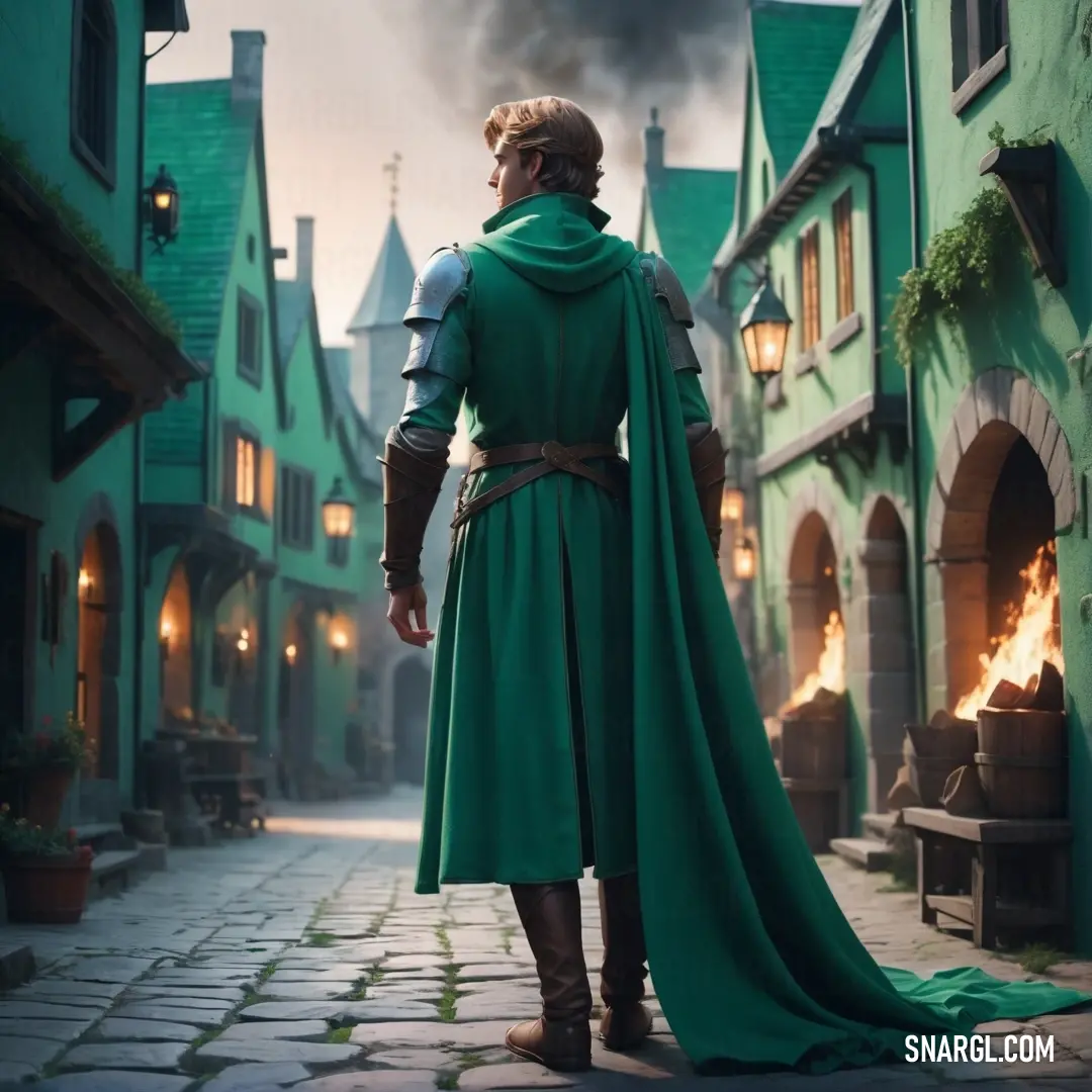 NCS S 5020-B90G color example: Man in a green cape and a green cloak standing in a cobblestone street in front of a green building