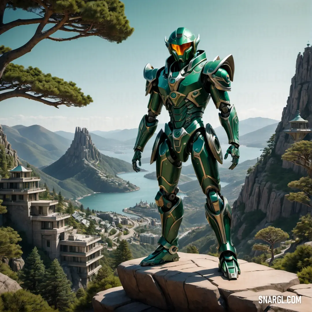 Robot standing on top of a cliff next to a lake and mountains in a futuristic environment with a city in the background