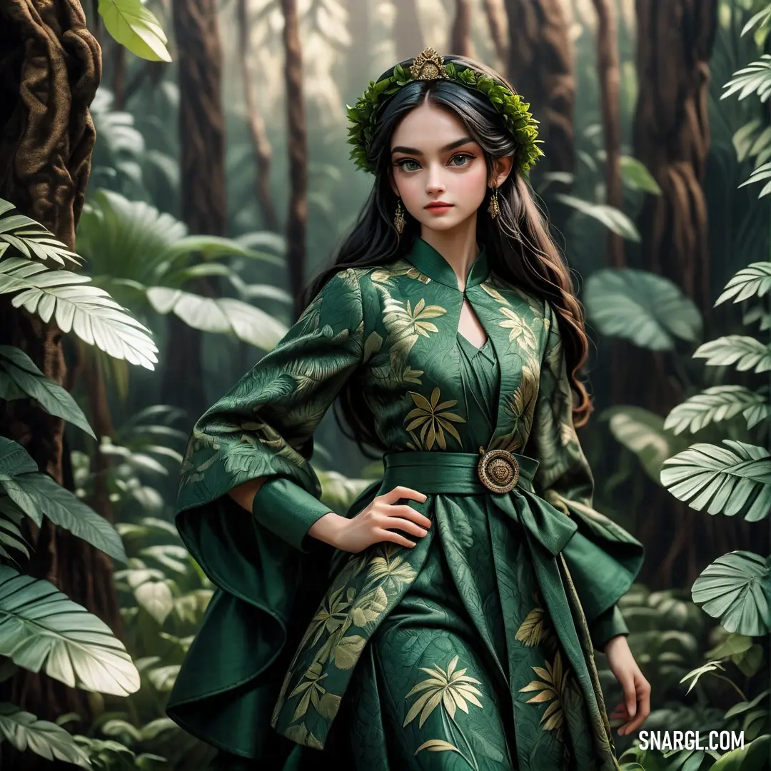 Woman in a green dress standing in a forest with trees and plants around her. Color NCS S 5020-B90G.