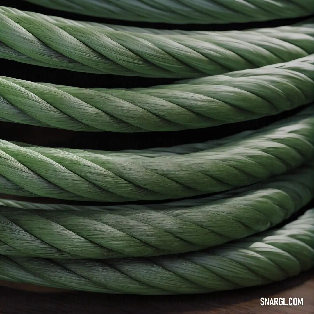 Close up of a green rope on a wooden surface with a black background. Example of NCS S 5020-G color.