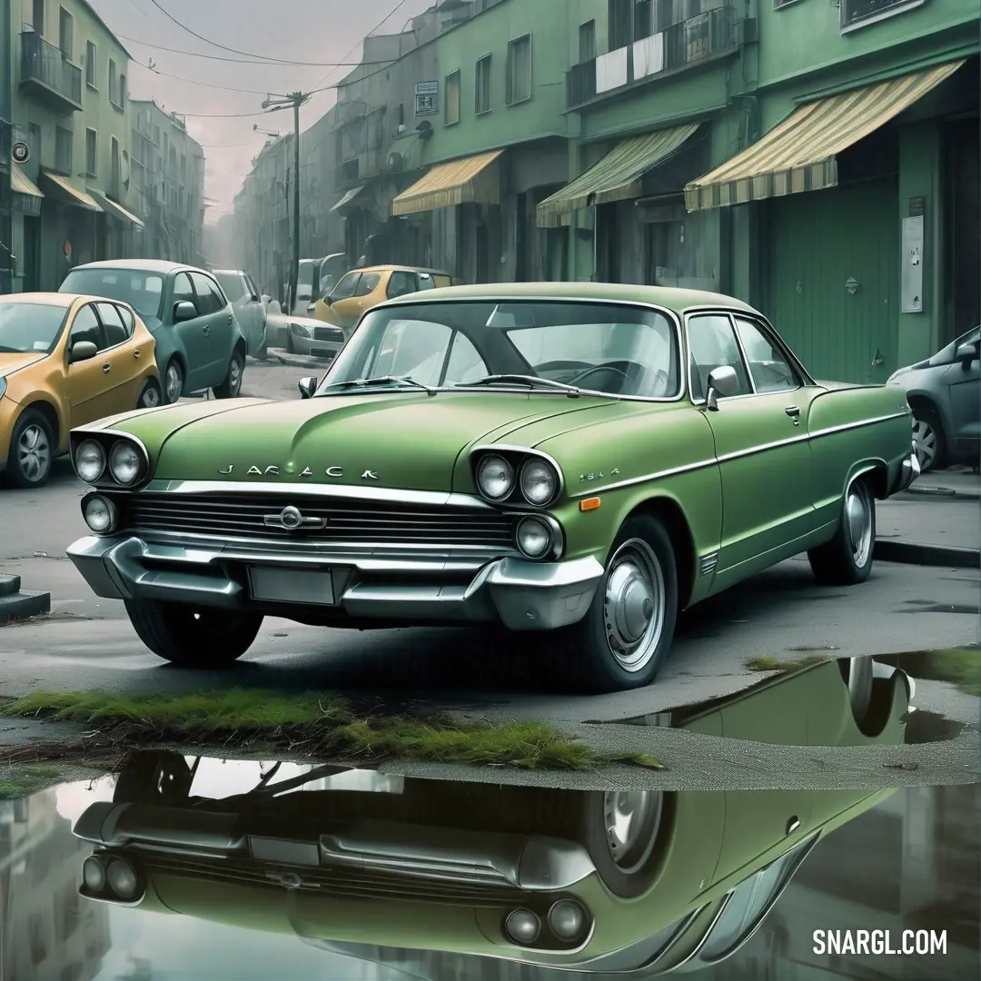 Green car parked on the side of a road next to a puddle of water in front of a row of buildings. Color RGB 79,108,67.