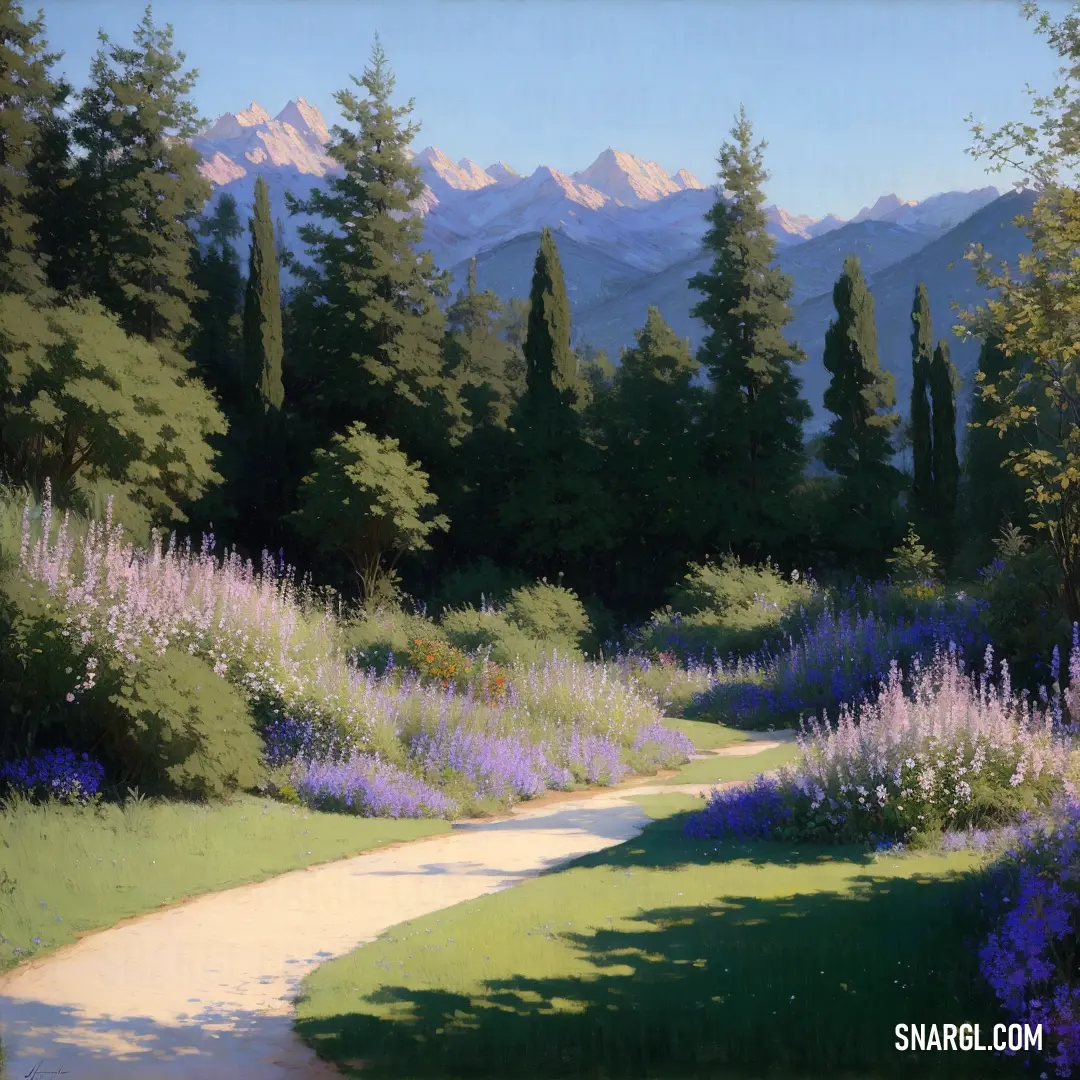 NCS S 5020-G30Y color example: Painting of a path through a field of flowers and trees with mountains in the background