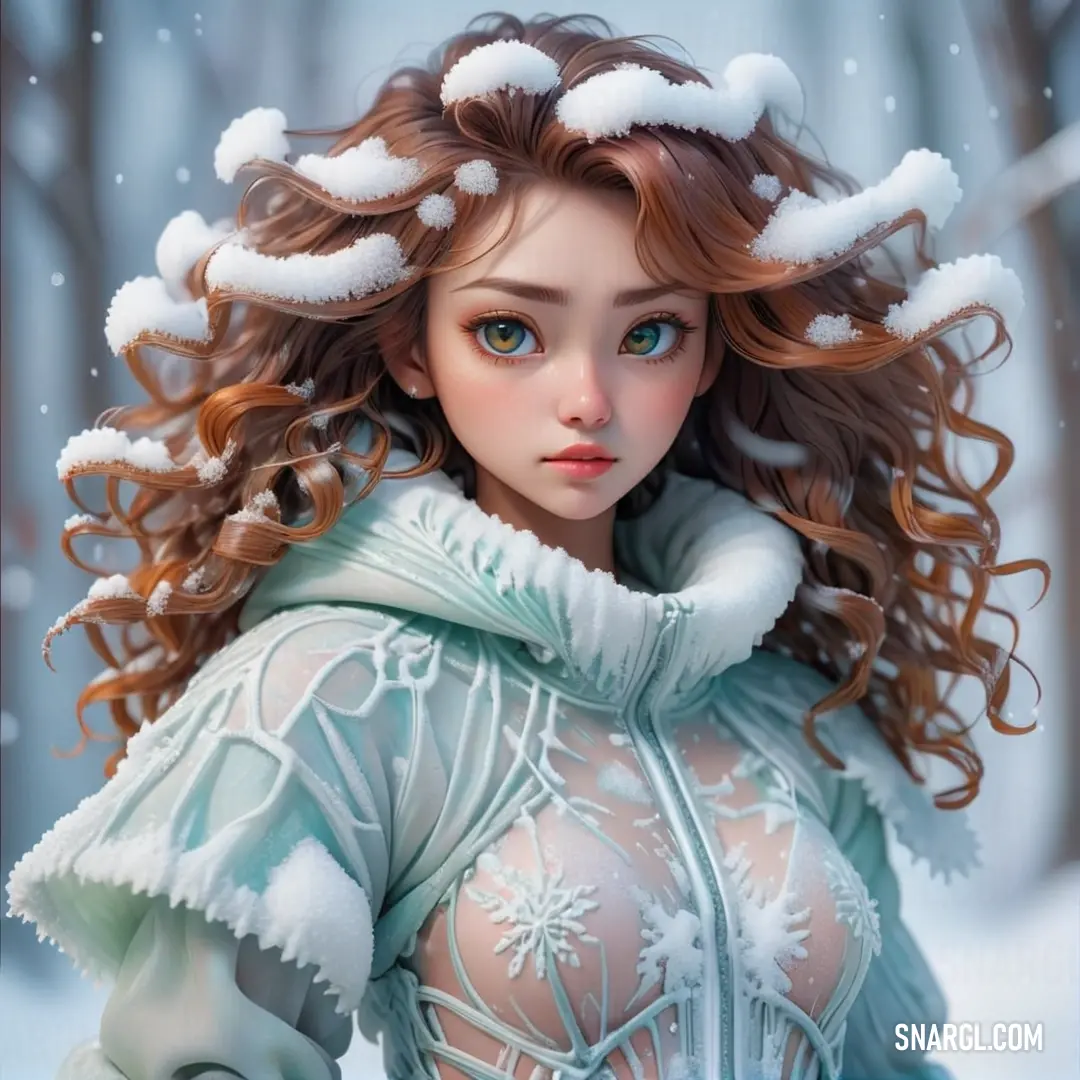 Painting of a woman with long hair and a green dress in the snow with snow flakes on her head. Color #754A47.