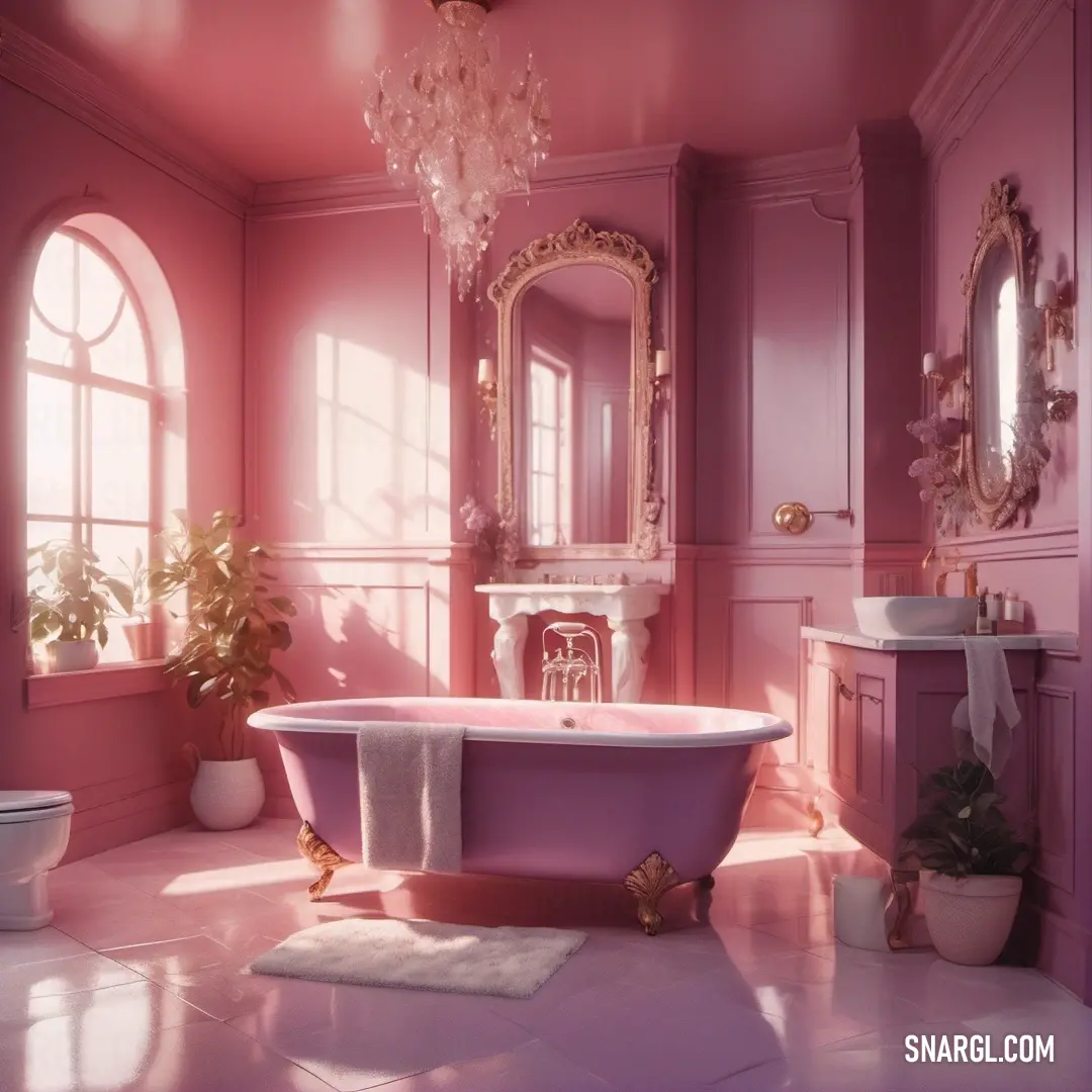 NCS S 5020-R10B color example: Bathroom with a pink tub and a chandelier hanging from the ceiling and a mirror on the wall