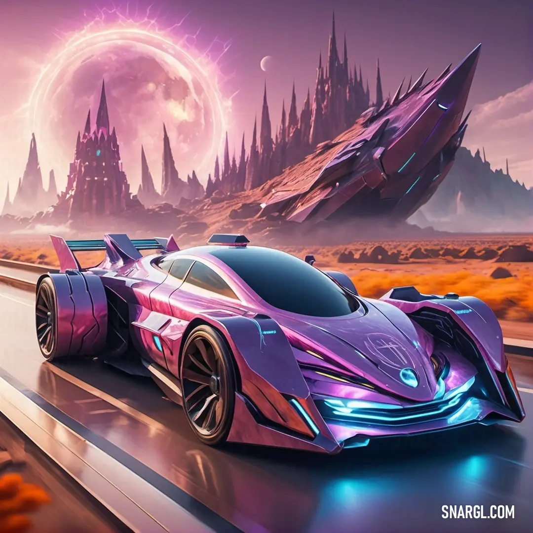 NCS S 5020-R10B color example: Purple car driving down a road next to a castle and a moon filled sky with a giant object