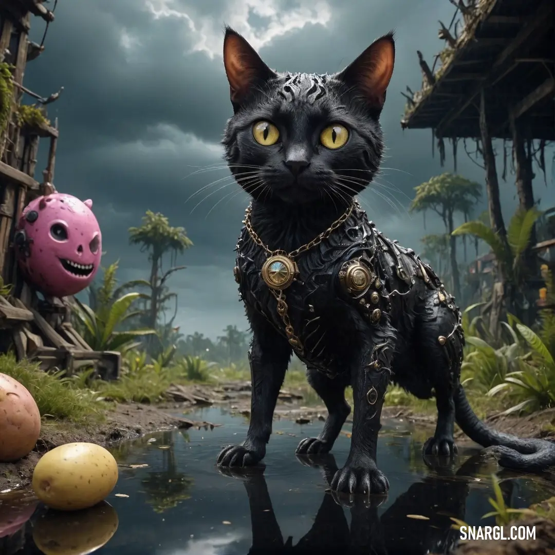 A charming cat adorned with a stylish collar and a chain, standing proudly by a shallow puddle. With a playful pink ball in the distance, it radiates personality and curiosity, making for an endearing scene that showcases the lightheartedness of feline co