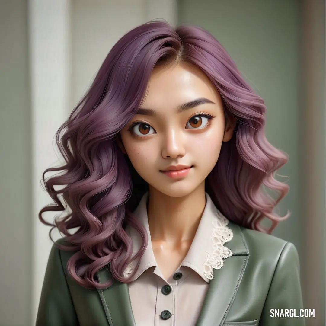 Digital painting of a woman with purple hair and a green jacket on her shoulders and a white collared shirt on her chest