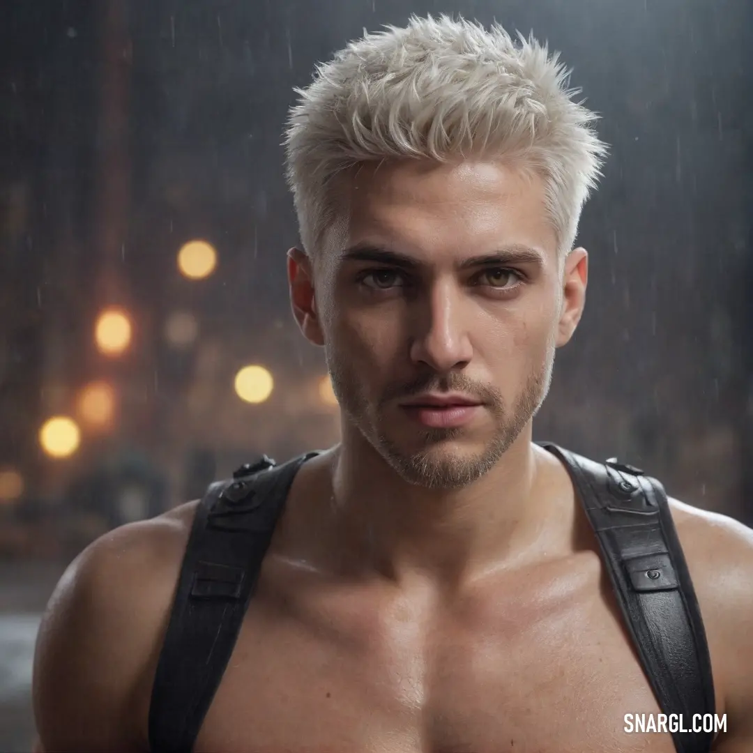 A man with a shaved head, dressed in a daring leather harness, braves a rain-soaked street under the glow of a streetlight, creating a striking contrast between man and stormy night.