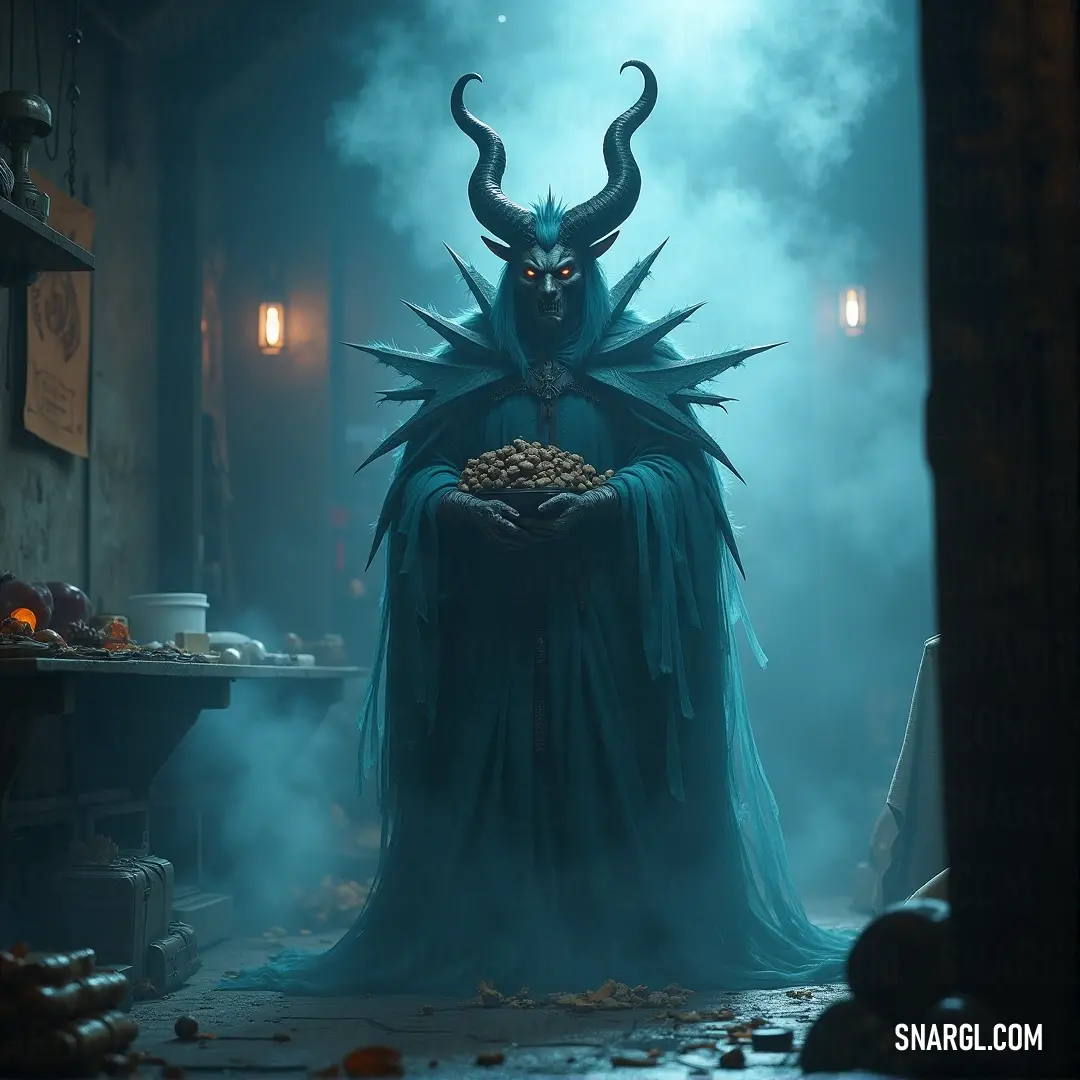 In a dimly lit room, a man wearing a striking blue costume and magnificent horns holds a bowl of food. The soft lighting enhances the rich colors and textures, creating an atmosphere that is both inviting and mysterious.