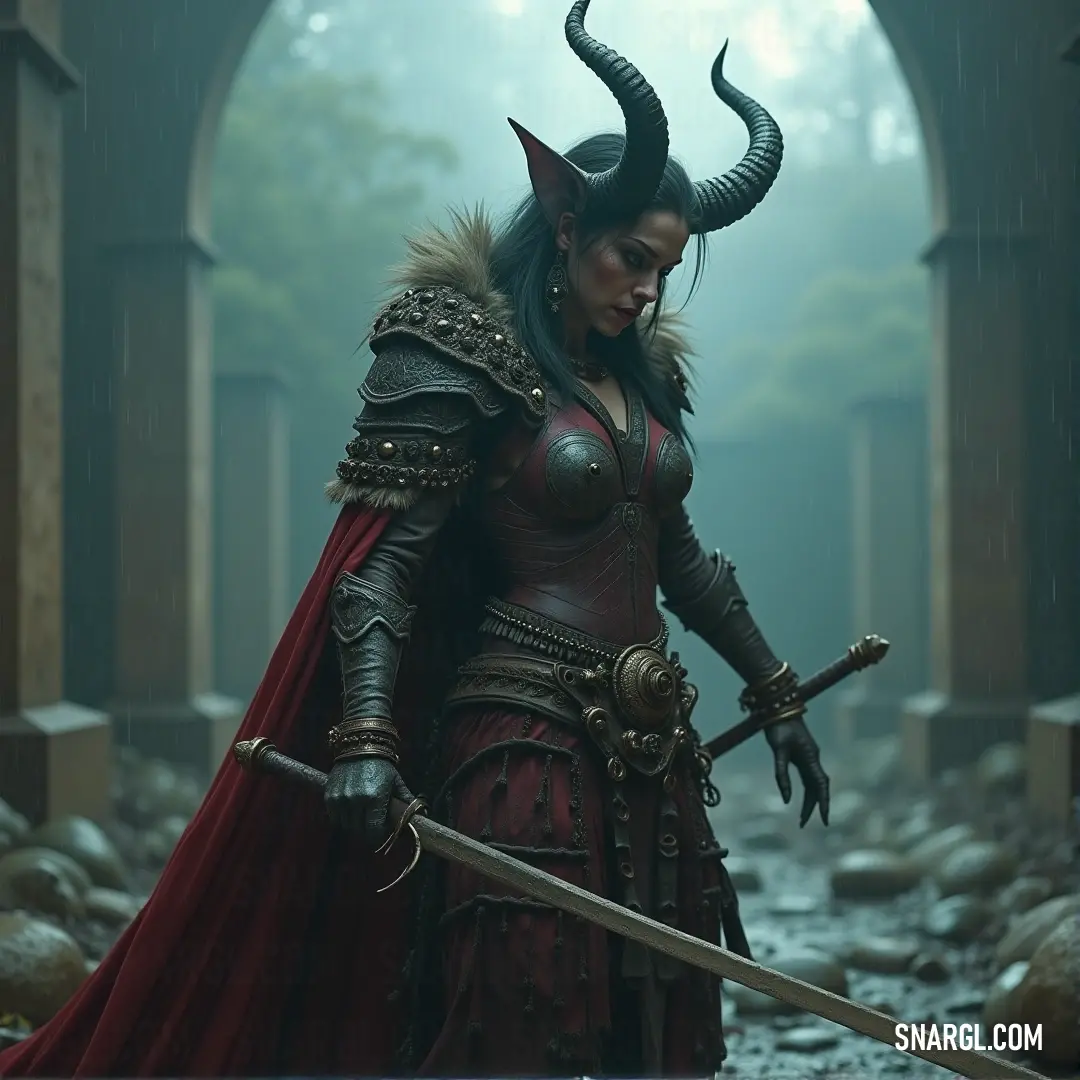 A striking woman donned in a captivating costume featuring impressive horns stands in a dark setting, holding a sword that gleams with potential. Her commanding presence and the shadows create a riveting narrative of fantasy and adventure.