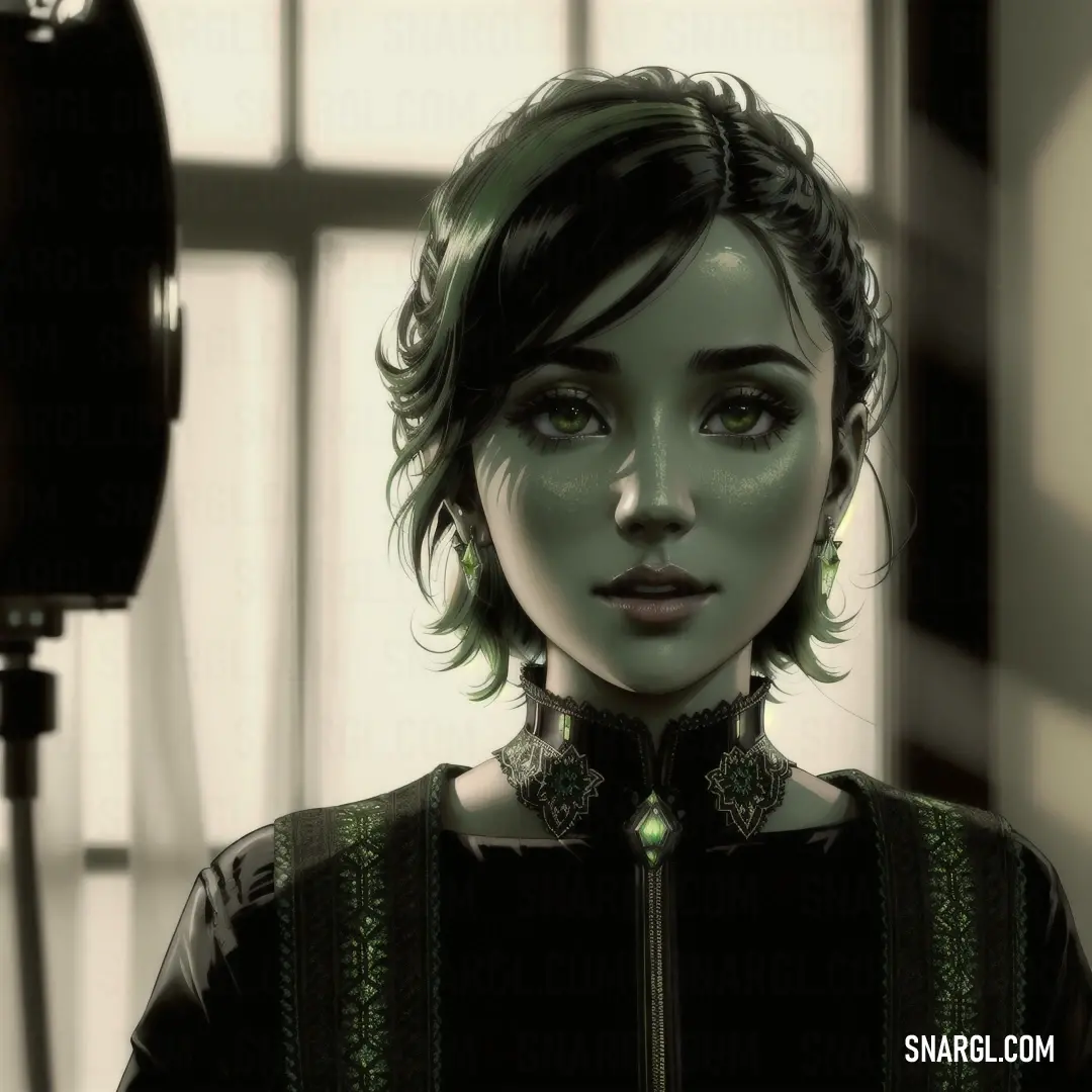 A woman with captivating green eyes and dark attire stands near a window, holding a microphone. Soft light streams through the window, casting a warm glow across her face as she gazes into the distance, lost in thought.