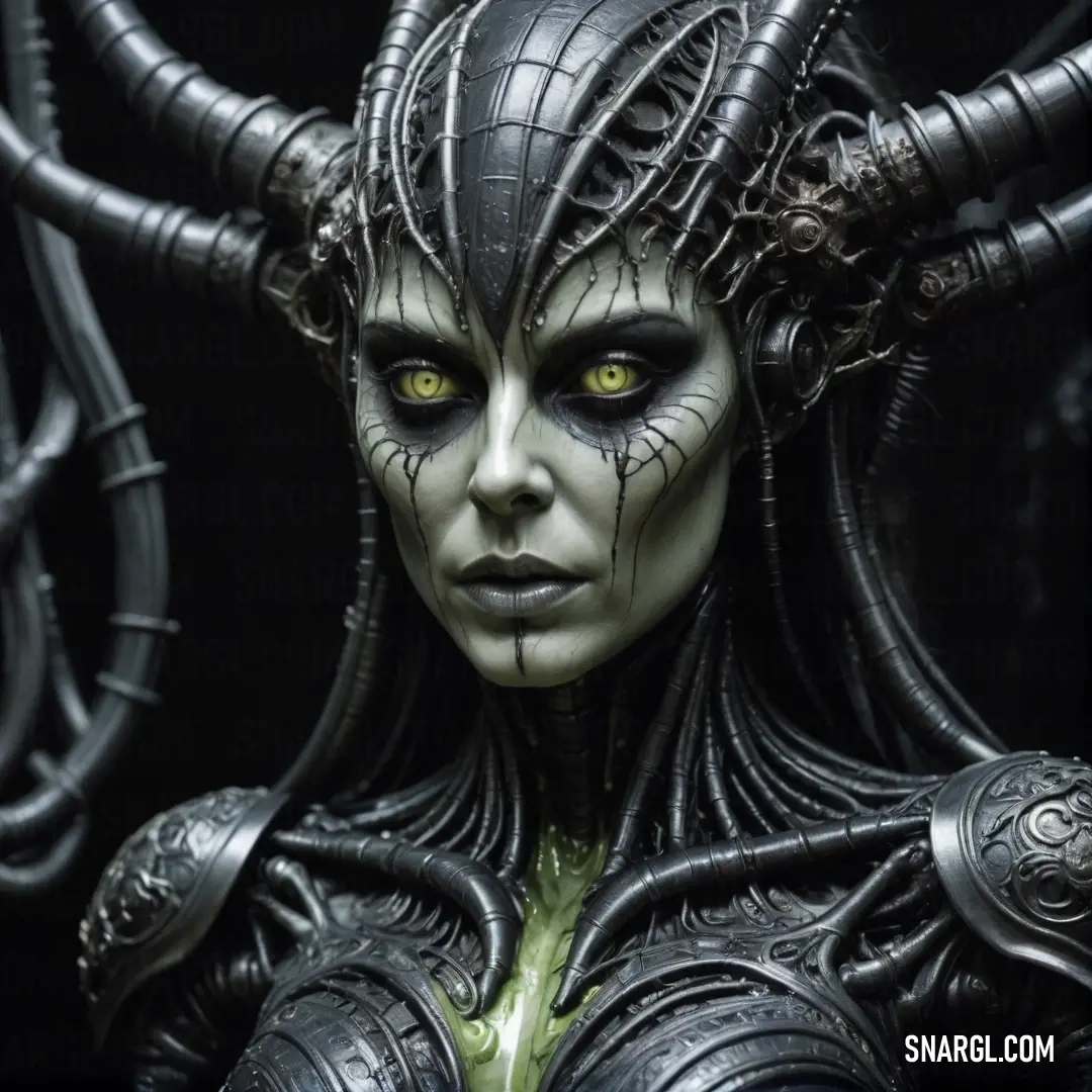 A fantastical woman adorned with elaborate horns and mesmerizing green eyes, captured against a dramatic dark backdrop. The intricate details of her costume highlight her enchanting presence, blurring the lines between reality and mythology in this captiv