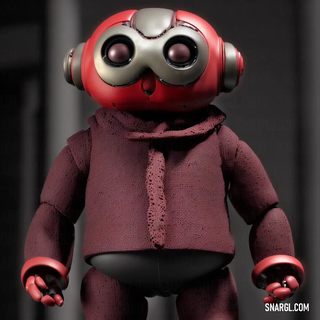 Red and black toy with a red hoodie and a red and silver robot headpiece on it. Example of NCS S 5020-R20B color.