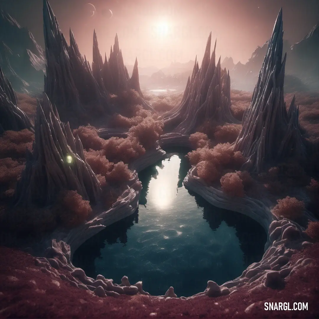 Surreal landscape with a pond surrounded by trees and rocks, with a sun in the background. Color RGB 114,72,83.