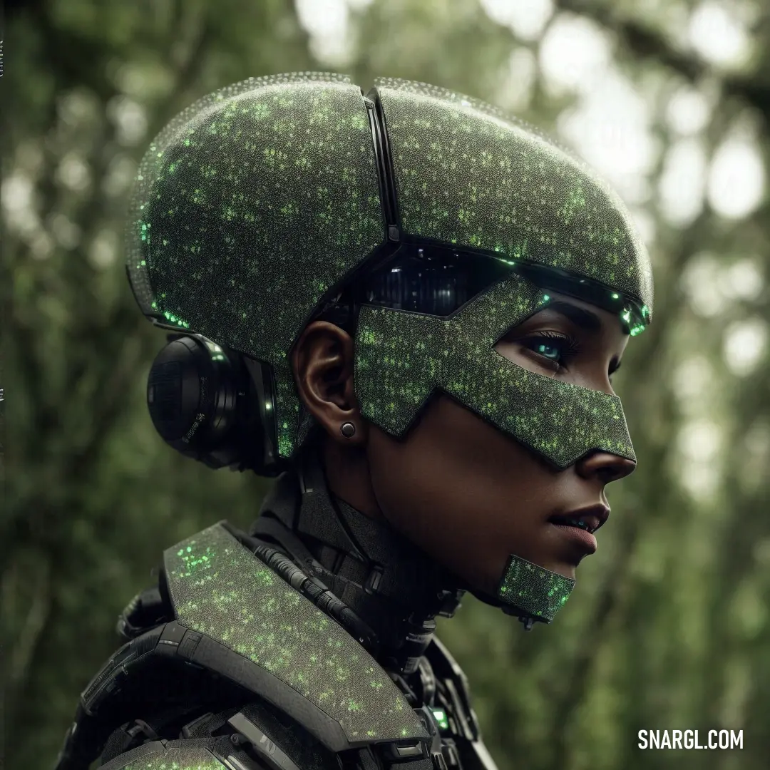 A woman, adorned in a futuristic helmet with glowing green lights, stands against a dark backdrop. The intense lights cast an eerie glow on her face, creating a striking contrast between light and shadow in her high-tech appearance.