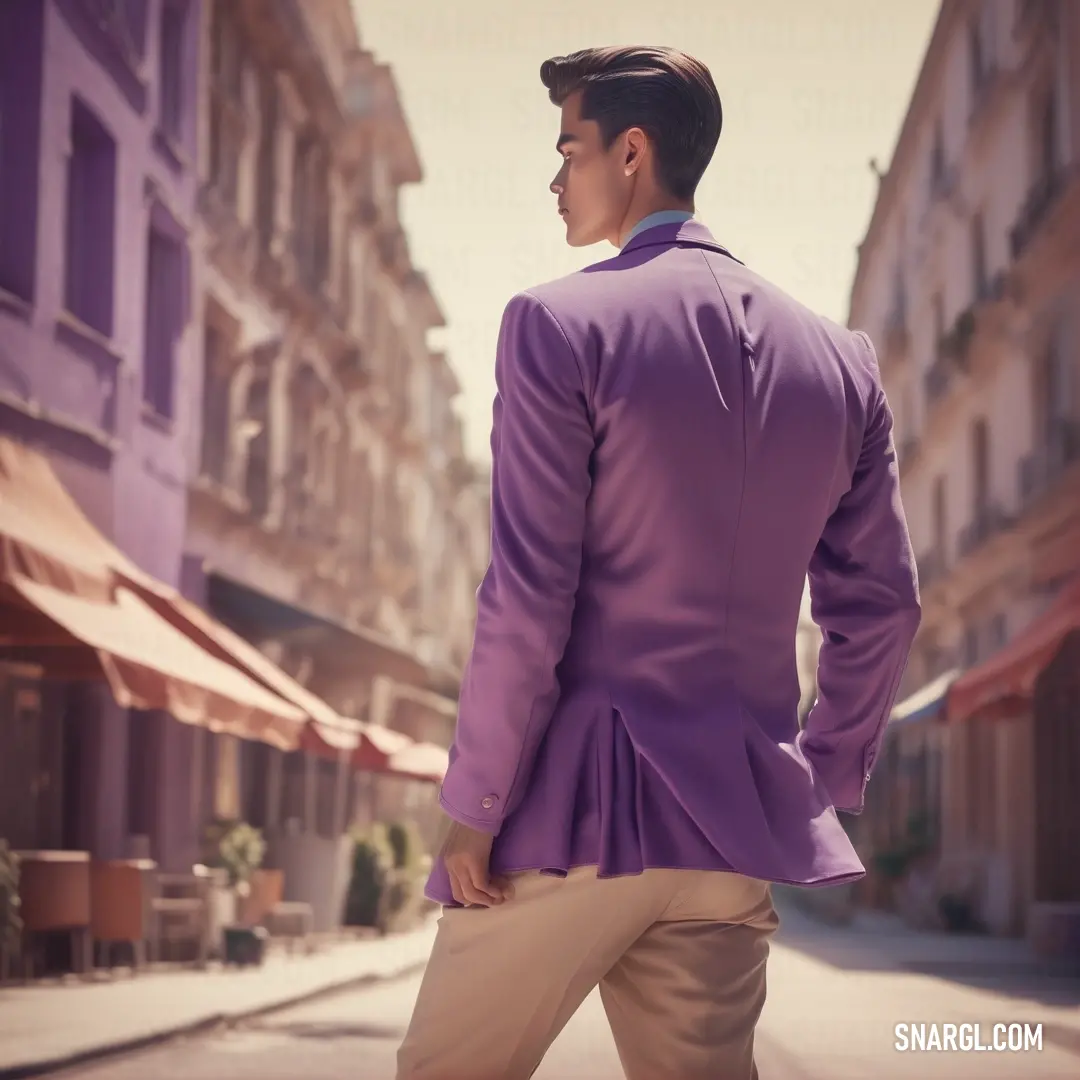 Man in a purple suit is walking down the street in a city street with buildings and a sidewalk. Example of #6C4E61 color.