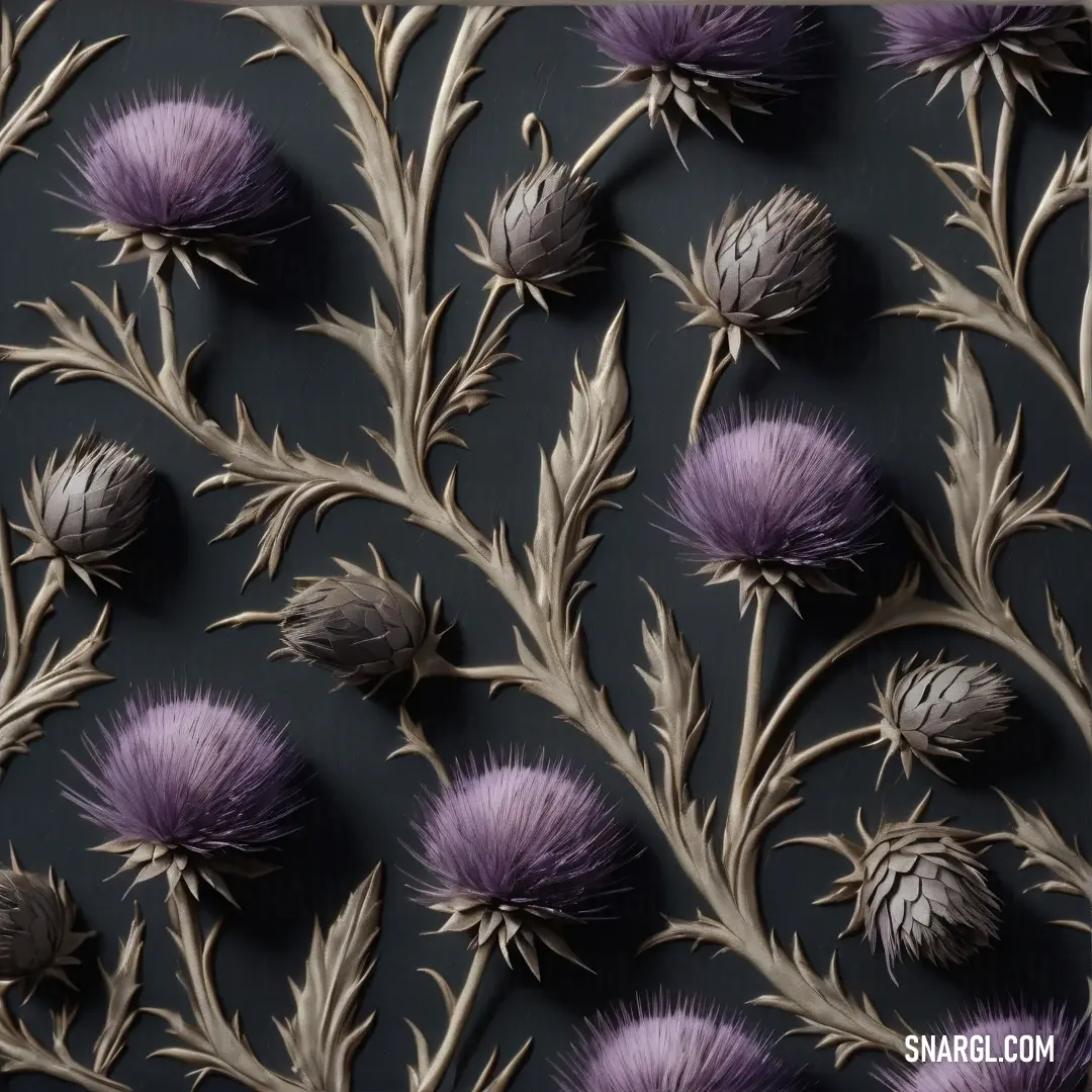 Bunch of flowers on a wall together in a room with a black background. Example of NCS S 5020-R50B color.