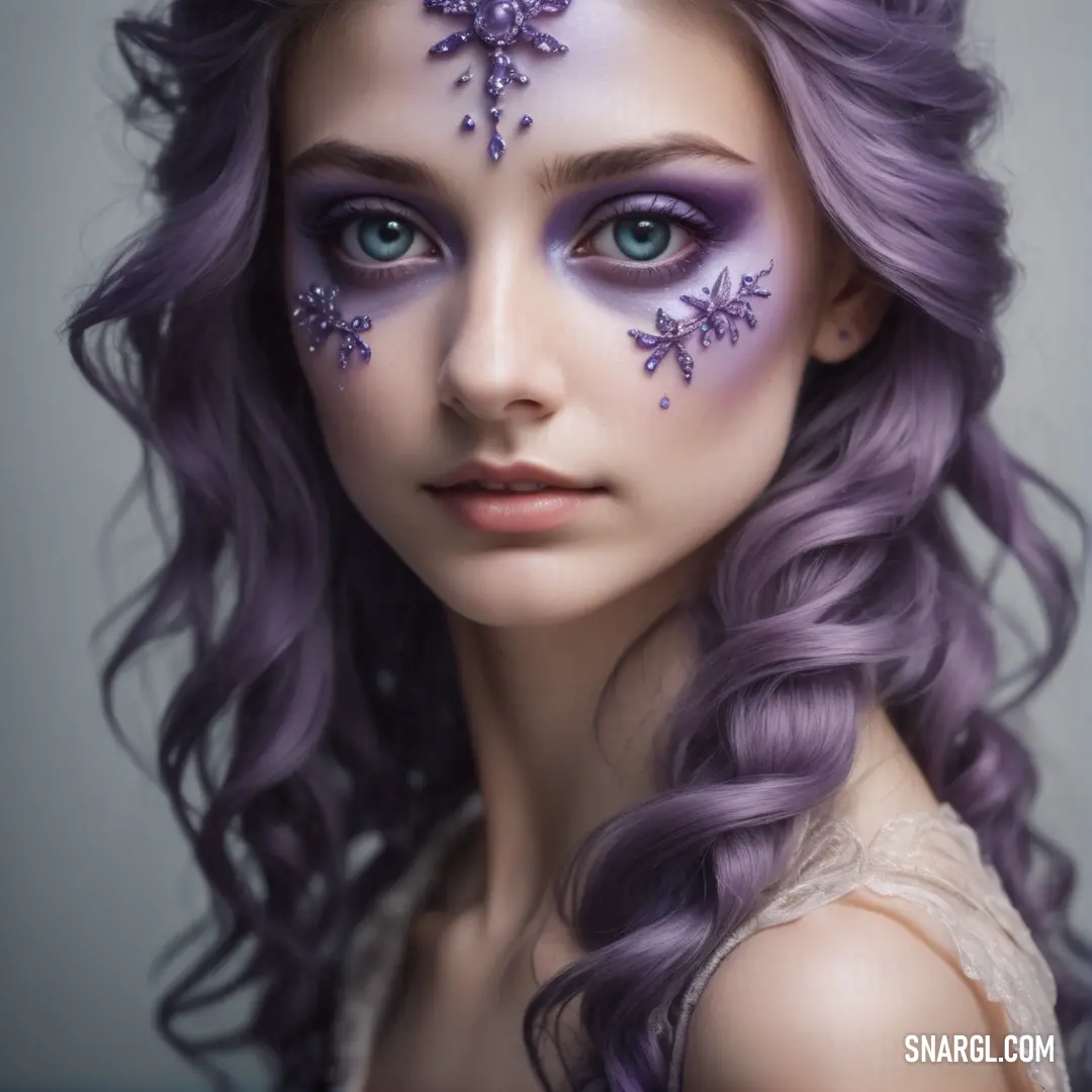 Woman with purple hair and a snowflake on her face and face paint on her face and eyes. Example of NCS S 5020-R50B color.