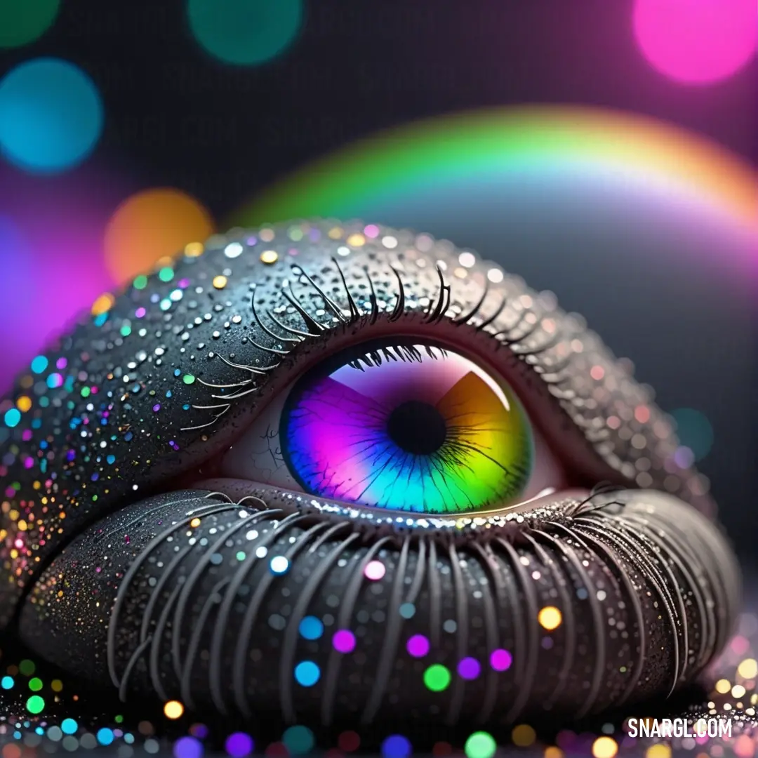 Close up of a rainbow colored eye with a black background. Example of #475A72 color.
