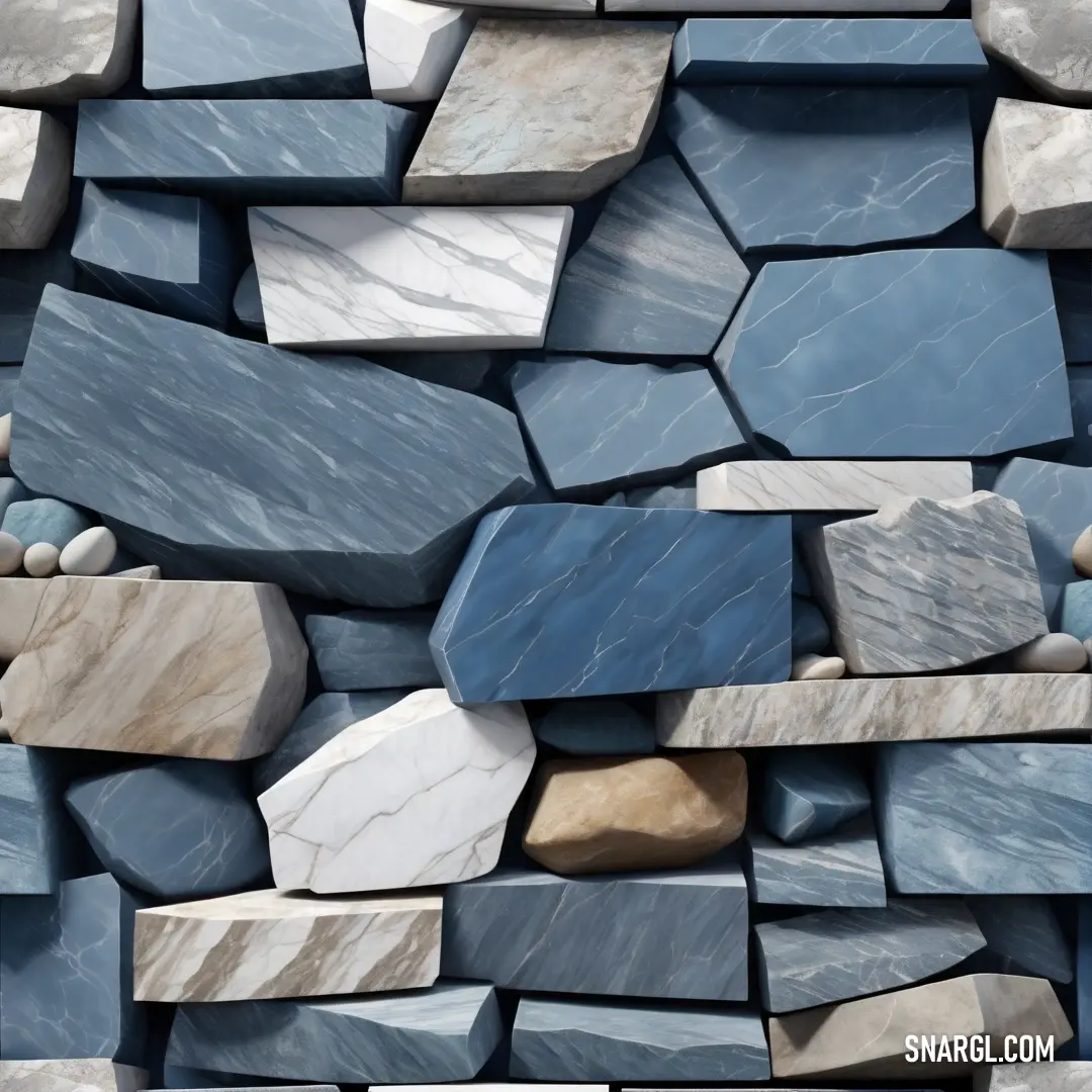 NCS S 5020-R80B color. Wall made of blue and white rocks and pebbles with a stone wall in the background
