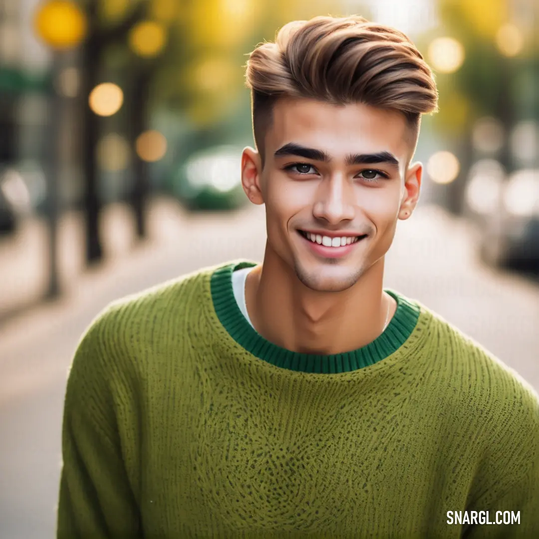 Man with a green sweater on a city street smiling at the camera with a car in the background. Example of CMYK 0,17,60,60 color.