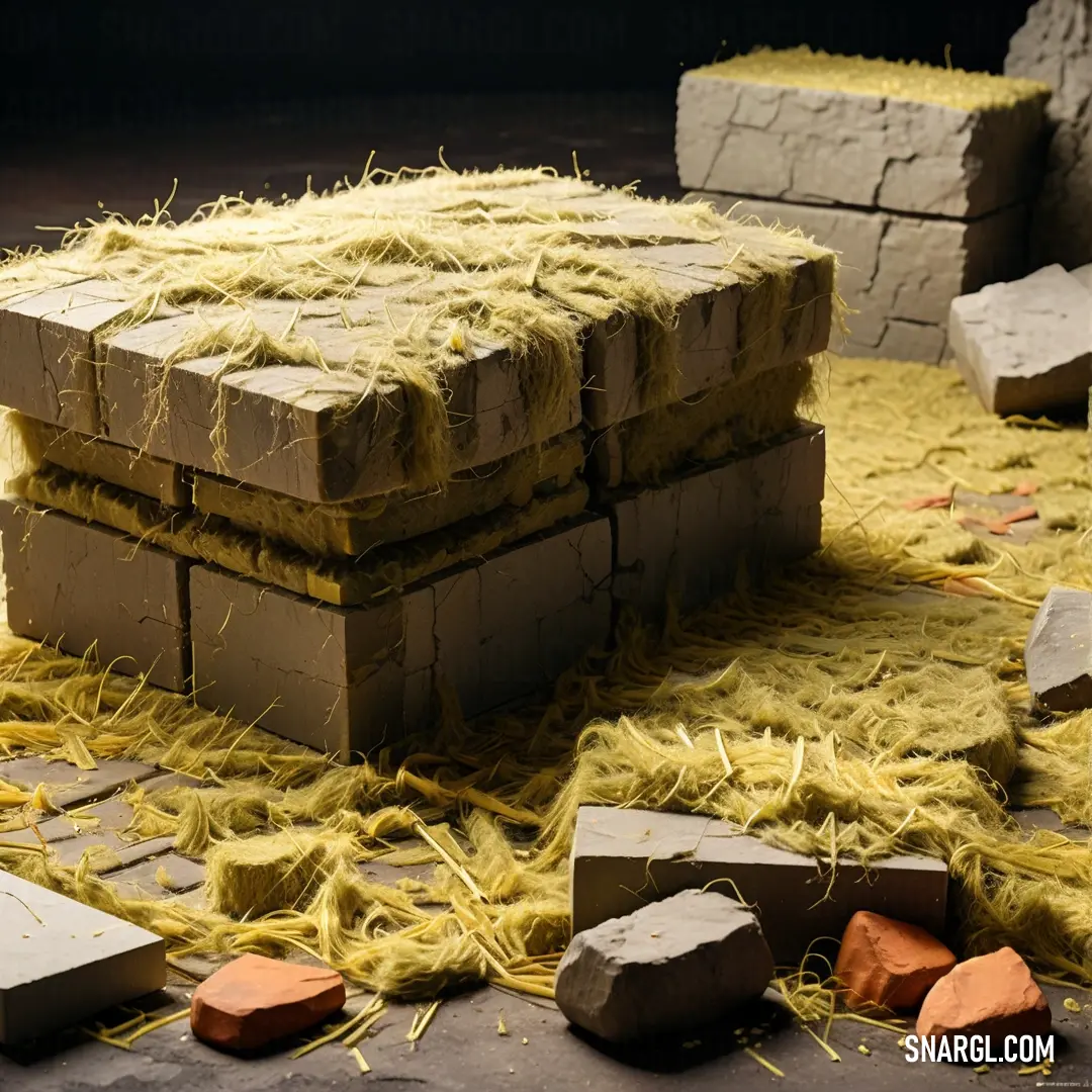 Pile of bricks on top of a pile of hay next to bricks. Example of NCS S 5020-Y color.