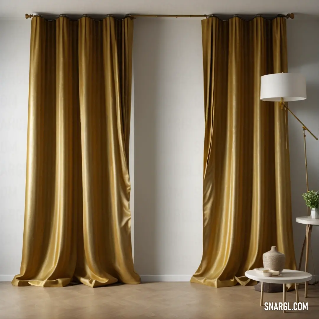 Room with a lamp and a curtain with a gold drape on it and a white chair in front of it. Example of NCS S 5020-Y color.