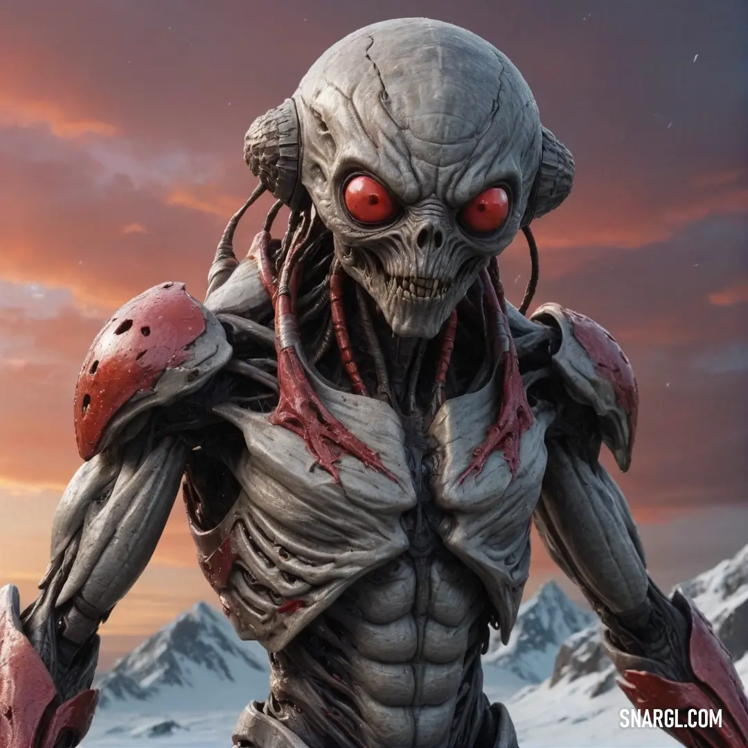 A mysterious alien figure with striking red eyes, adorned in a sleek helmet, stands firmly on a blanket of snow, surrounded by jagged mountains that pierce the crisp winter sky. The contrasts of white snow and the alien's vibrant features create an intrig