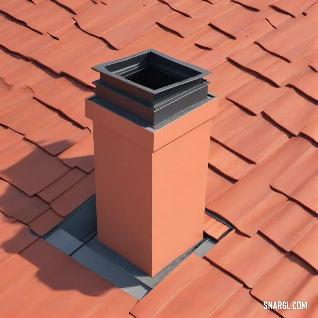 A striking chimney rises from a classic red tiled roof, crowned with a black chimney cap, creating a picturesque silhouette against the sky, encapsulating coziness in a home setting. Color inspiration: RGB 127,98,58.