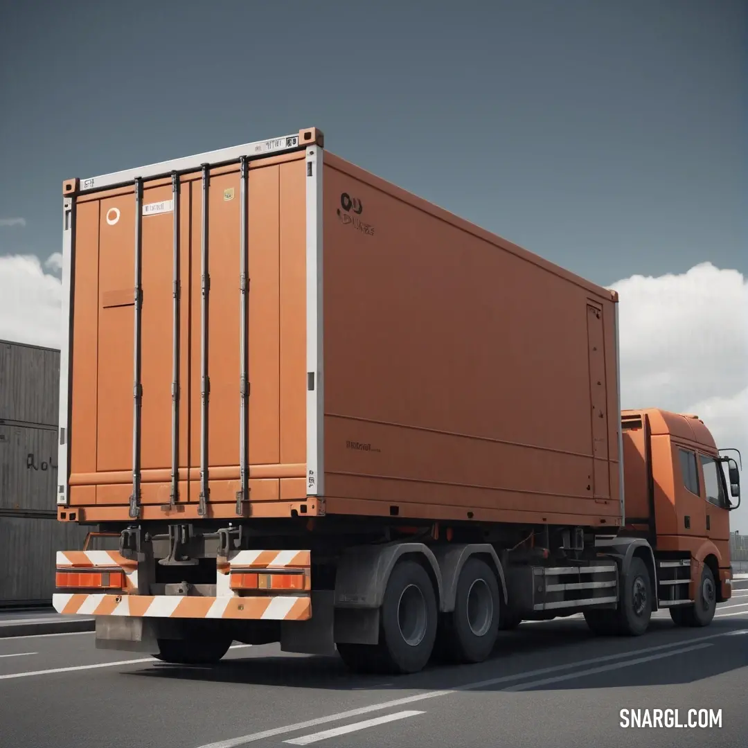 A dynamic scene features a large orange truck navigating along the road, framed by a striking backdrop of a building under a brilliant blue sky, showcasing urban transportation in action. Color inspiration: CMYK 0,30,60,54.