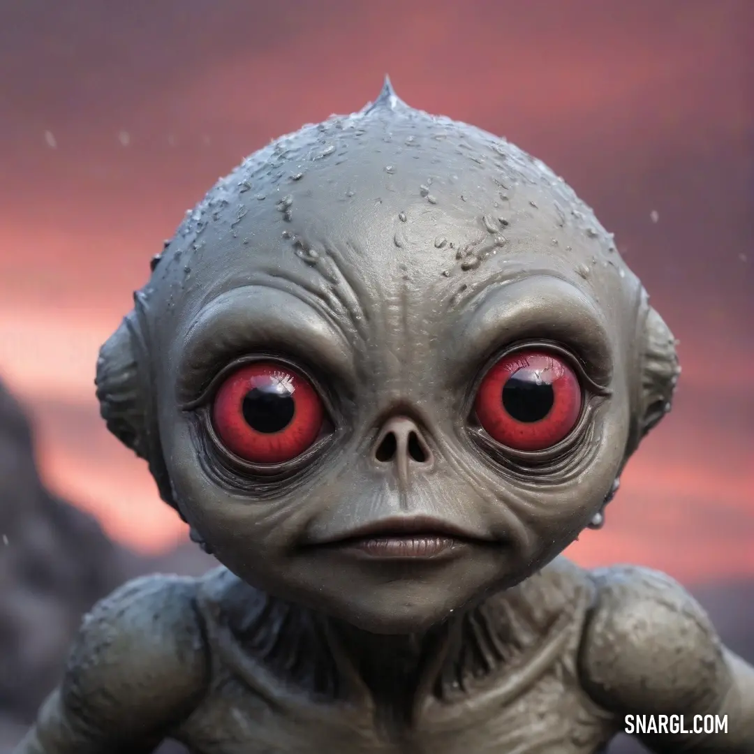 A captivating close-up of a toy alien, characterized by its unsettling red eyes and playful yet creepy demeanor, as it stands in a snowy landscape, merging the eerie with a hint of charm in this unique scene.