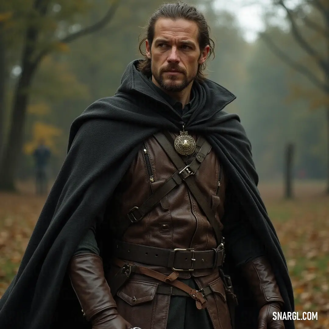 A striking figure of a man clad in a sleek leather ensemble, complete with a dramatic cape, wields a sword confidently. The rugged setting enhances the adventurous atmosphere, inviting viewers into a world of heroism and daring.