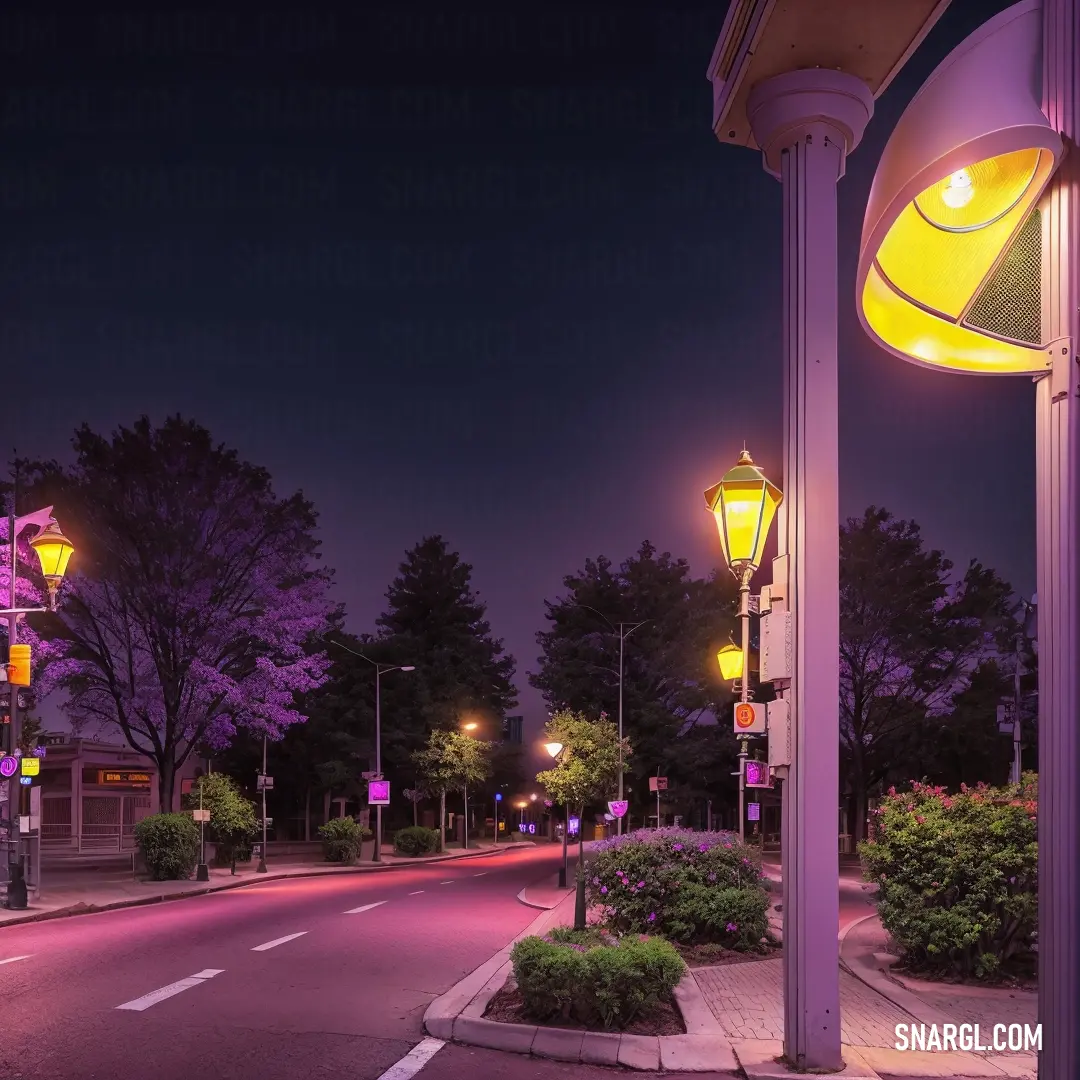 A peaceful nighttime street scene with glowing street lamps illuminating the road. Trees and bushes line the sidewalk, adding to the tranquil ambiance of a calm evening stroll.